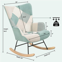 Load image into Gallery viewer, Unovivy Rocking Chair Nursery, Upholstered Nursing Armchair with Wooden Base, Baby Glider Rocker with Backrest, Small Gliding Seat for Bedroom, Living Room, Office, 30 Inches Depth, Patchwork Patchwork Green