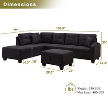 Load image into Gallery viewer, Unovivy Large Sectional Couches for Living Room, 109" L Shaped Sectional Sofa with Storage Chaise, Ottoman and Cup Holders, 3-Piece Fabric Living Room Furniture Sets for Living Room, Apartment(Black)