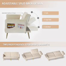 Load image into Gallery viewer, UNovivy 77.5” Futon Sofa Bed, Velvet Sofa Bed Futon Convertible Italian Velvet Futon Couch with Foldable Armrests and Adjustable Backrests with Magazine Bags, Sleeper Sofa Bed for Living Room, Beige
