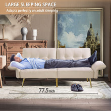 Load image into Gallery viewer, UNovivy 77.5” Futon Sofa Bed, Velvet Sofa Bed Futon Convertible Italian Velvet Futon Couch with Foldable Armrests and Adjustable Backrests with Magazine Bags, Sleeper Sofa Bed for Living Room, Beige