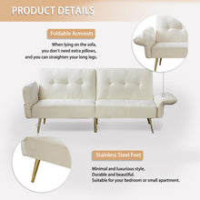 Load image into Gallery viewer, UNovivy 77.5” Futon Sofa Bed, Velvet Sofa Bed Futon Convertible Italian Velvet Futon Couch with Foldable Armrests and Adjustable Backrests with Magazine Bags, Sleeper Sofa Bed for Living Room, Beige