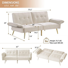 Load image into Gallery viewer, UNovivy 77.5” Futon Sofa Bed, Velvet Sofa Bed Futon Convertible Italian Velvet Futon Couch with Foldable Armrests and Adjustable Backrests with Magazine Bags, Sleeper Sofa Bed for Living Room, Beige