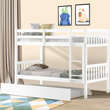 Load image into Gallery viewer, Unovivy Twin Over Twin Bunk Bed with Trundle, Solid Wood Bunk Bed Twin Over Twin with Guardrails and Ladder, Convertible to 2 Beds, Fit for Kids, Teens, No Box Spring Needed, White