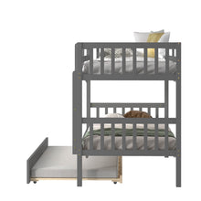 Load image into Gallery viewer, Unovivy Twin Over Twin Bunk Bed with Trundle, Solid Wood Bunk Bed Twin Over Twin with Guardrails and Ladder, Convertible to 2 Beds, Fit for Kids, Teens, No Box Spring Needed, Grey