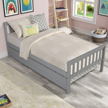Load image into Gallery viewer, Unovivy Twin Bed with Trundle, Twin Size Bed Frame for Kids Teens, Wooden Platform Bed with Slats, Headboard & Footboard, Fit for Bedroom Living Room, No Box Spring Needed, Gray