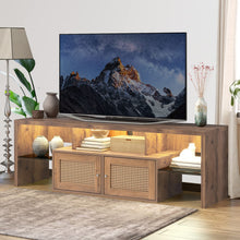 Load image into Gallery viewer, Unovivy Rattan TV Stand for Televisions up to 70 Inches, Entertainment Center Table with LED Lights, Media Console with Cabinet Storage and 2 Door, Home Living Room, Natural