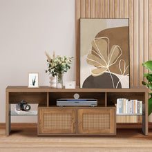 Load image into Gallery viewer, Unovivy Rattan TV Stand for Televisions up to 70 Inches, Entertainment Center Table with LED Lights, Media Console with Cabinet Storage and 2 Door, Home Living Room, Natural