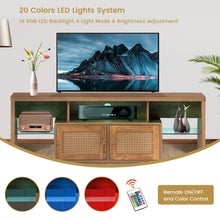 Load image into Gallery viewer, Unovivy Rattan TV Stand for Televisions up to 70 Inches, Entertainment Center Table with LED Lights, Media Console with Cabinet Storage and 2 Door, Home Living Room, Natural