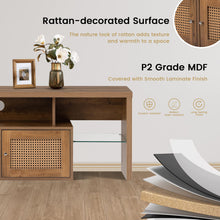 Load image into Gallery viewer, Unovivy Rattan TV Stand for Televisions up to 70 Inches, Entertainment Center Table with LED Lights, Media Console with Cabinet Storage and 2 Door, Home Living Room, Natural