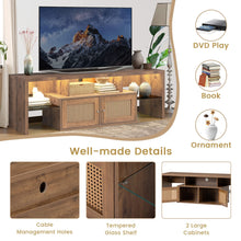 Load image into Gallery viewer, Unovivy Rattan TV Stand for Televisions up to 70 Inches, Entertainment Center Table with LED Lights, Media Console with Cabinet Storage and 2 Door, Home Living Room, Natural
