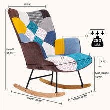 Load image into Gallery viewer, Unovivy Rocking Chair Nursery, Upholstered Nursing Armchair with Wooden Base, Baby Glider Rocker with Backrest, Small Gliding Seat for Bedroom, Living Room, Office, 30 Inches Depth, Patchwork Blue
