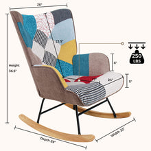 Load image into Gallery viewer, Unovivy Rocking Chair Nursery, Upholstered Nursing Armchair with Wooden Base, Baby Glider Rocker with Backrest, Small Gliding Seat for Bedroom, Living Room, Office, 30 Inches Depth, Patchwork Colorful Blue
