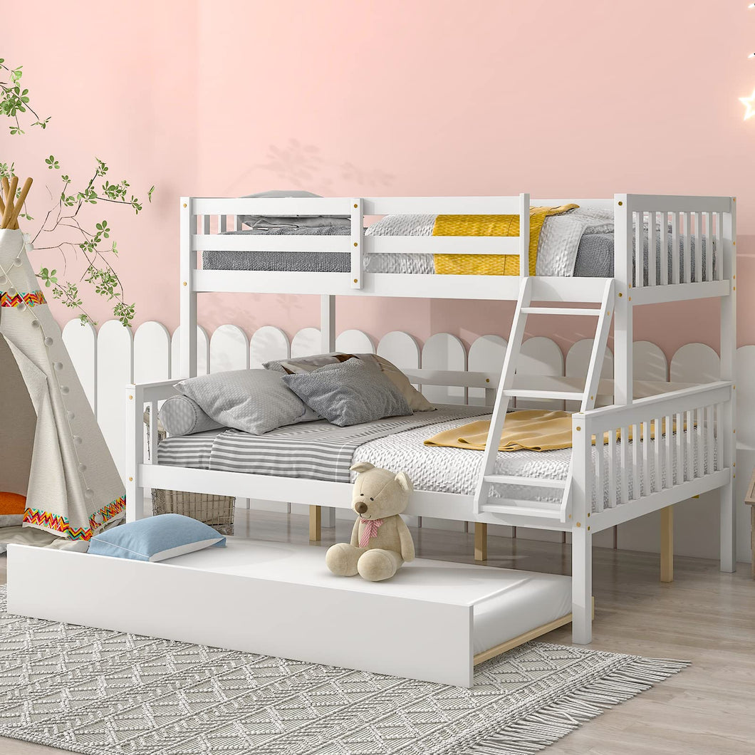 Unovivy Twin Over Full Bunk Bed with Trundle, Bunk Beds Twin Over Full Size with Guardrails and Ladder, Suitable for Kids, Teens, Boys, Girls, No Box Spring Needed, White