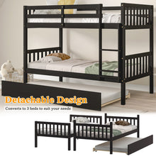 Load image into Gallery viewer, Unovivy Twin Over Twin Bunk Bed with Trundle, Solid Wood Bunk Bed Twin Over Twin with Guardrails and Ladder, Convertible to 2 Beds, Fit for Kids, Teens, No Box Spring Needed, Espresso
