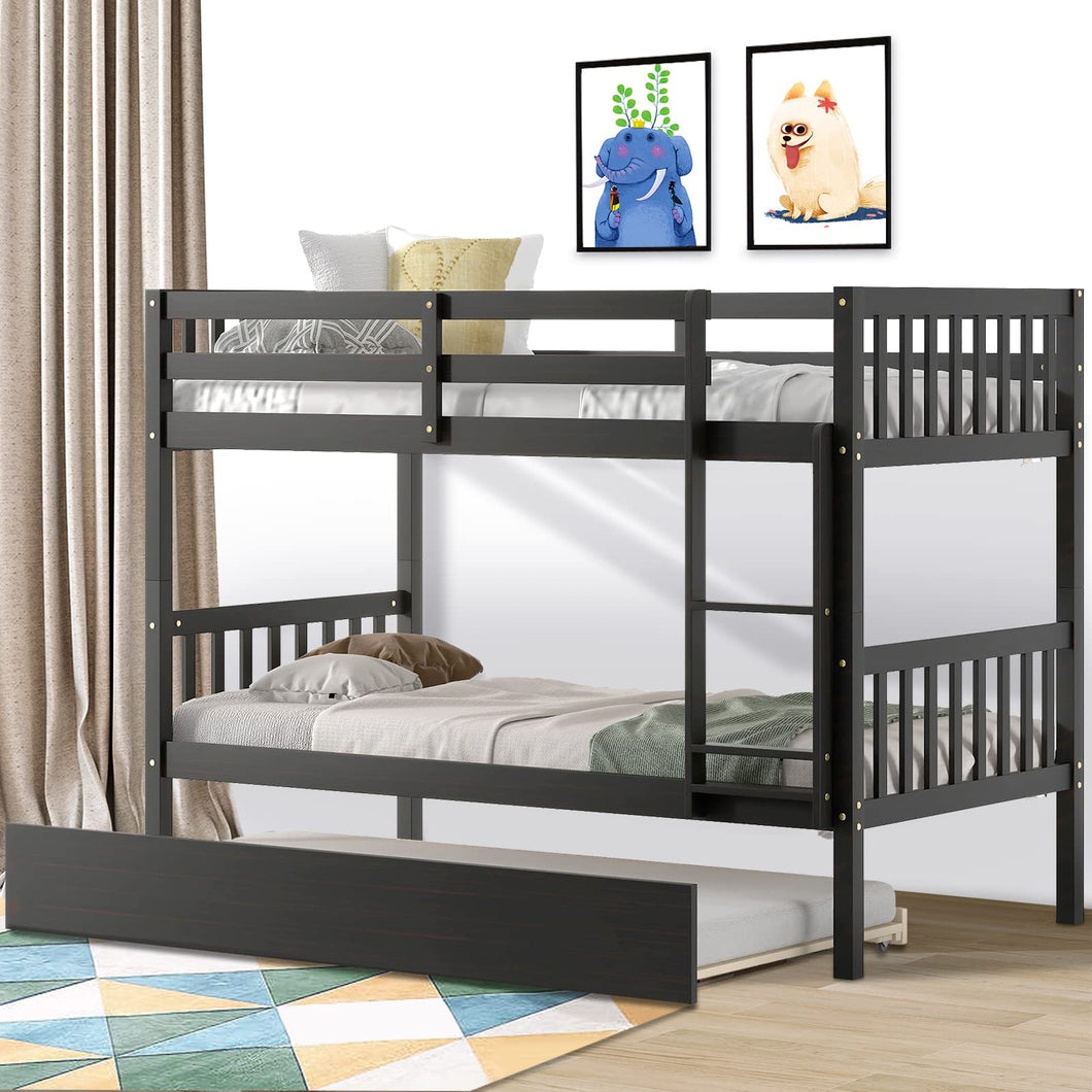 Unovivy Twin Over Twin Bunk Bed with Trundle, Solid Wood Bunk Bed Twin Over Twin with Guardrails and Ladder, Convertible to 2 Beds, Fit for Kids, Teens, No Box Spring Needed, Espresso