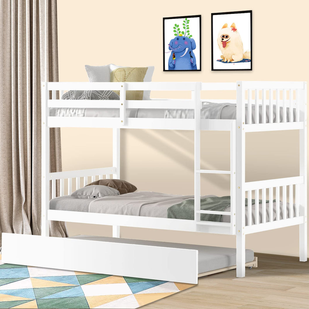 Unovivy Twin Over Twin Bunk Bed with Trundle, Solid Wood Bunk Bed Twin Over Twin with Guardrails and Ladder, Convertible to 2 Beds, Fit for Kids, Teens, No Box Spring Needed, White