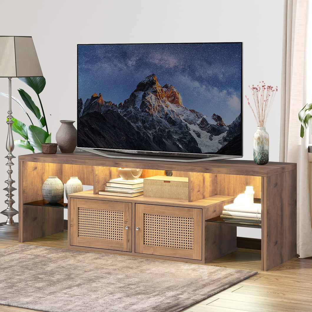 Unovivy Rattan TV Stand for Televisions up to 70 Inches, Entertainment Center Table with LED Lights, Media Console with Cabinet Storage and 2 Door, Home Living Room, Natural