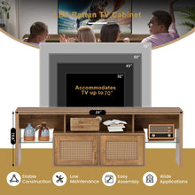 Load image into Gallery viewer, Unovivy Rattan TV Stand for Televisions up to 70 Inches, Entertainment Center Table with LED Lights, Media Console with Cabinet Storage and 2 Door, Home Living Room, Natural
