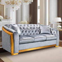 Load image into Gallery viewer, Unovivy 81” Chesterfield Sofa Velvet, Modern 3 Seater Tufted Couch for Living Room, Bedroom, Apartment, Luxury Upholstered Lounge Seat with Stainless Steel Gold Legs, 2 Pillows Included
