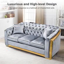 Load image into Gallery viewer, Unovivy 81” Chesterfield Sofa Velvet, Modern 3 Seater Tufted Couch for Living Room, Bedroom, Apartment, Luxury Upholstered Lounge Seat with Stainless Steel Gold Legs, 2 Pillows Included
